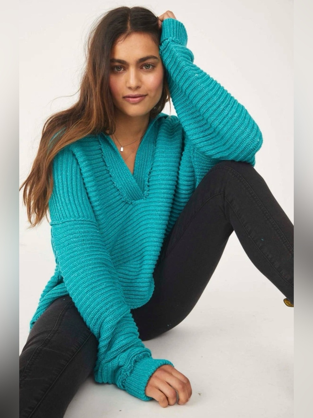 Free People Marlie Ribbed Knit Oversized
Collared Pullover Sweater Teal XL